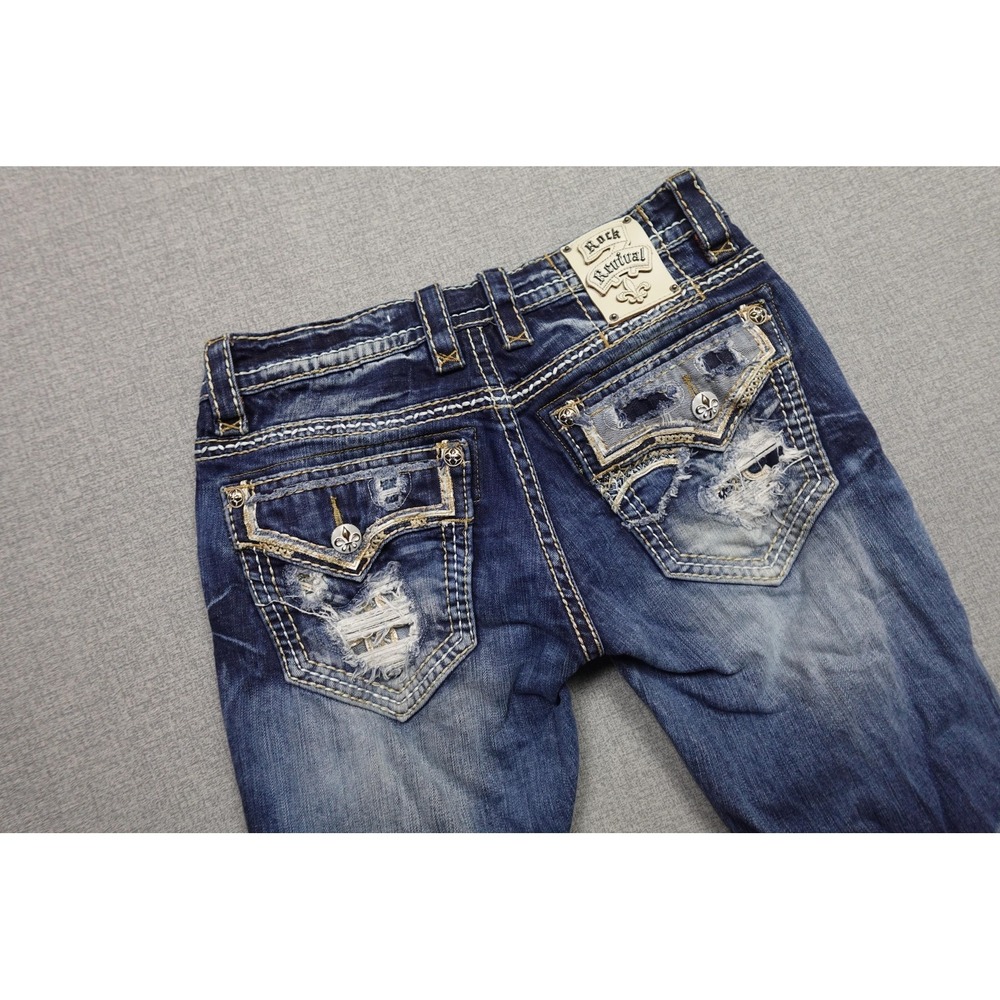 Rock Revival Phoenix Slim Boot Jeans Mens 32x33 Blue Wash Denim Distressed